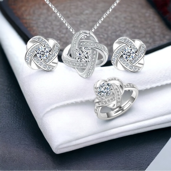 🍀New Stamped S925 Round Cubic Zirconia chain, Earrings & Ring(adjustable) - Picture 1 of 10